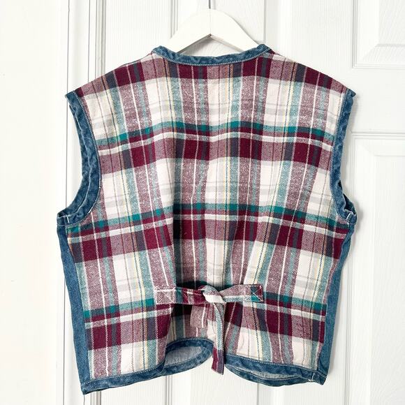 Metro Express Vintage Denim Chambray Red Plaid Flannel Back Button Vest L 14/16 - Picture 7 of 12